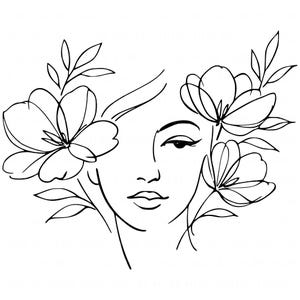 May include: A minimalist black and white line drawing of a woman's face adorned with floral elements. The artwork features a delicate outline of a face with closed eyes and full lips, framed by stylized flowers and leaves.