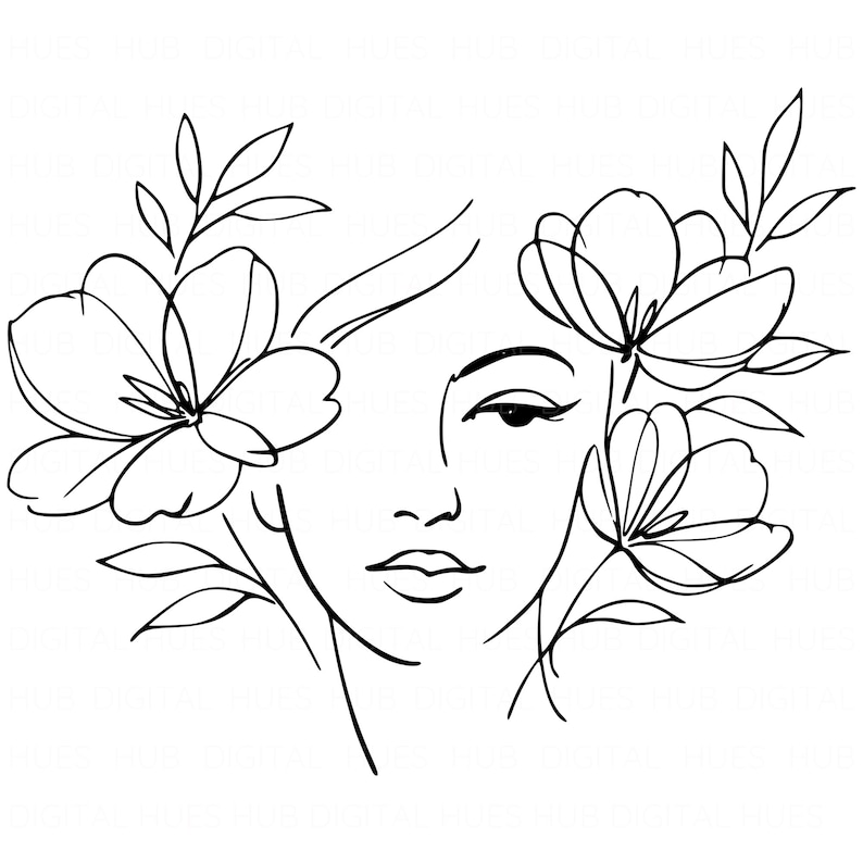 May include: A minimalist black and white line drawing of a woman's face adorned with floral elements. The artwork features a delicate outline of a face with closed eyes and full lips, framed by stylized flowers and leaves.