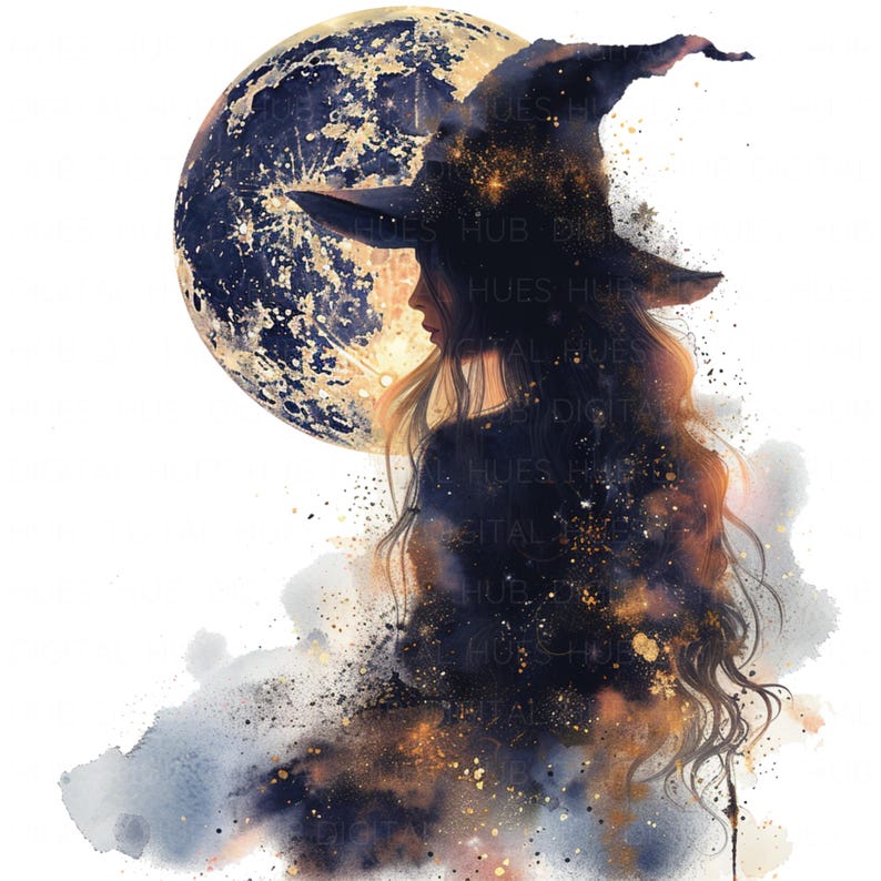 May include: A silhouette of a witch with a pointed hat stands in front of a large, glowing moon. The moon is a deep blue with gold accents and a textured surface. The witch's hair is long and flowing, and her silhouette is outlined in black. The background is a watercolor wash of blue, gray, and gold.
