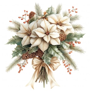 11 Clipart de buquê de poinsétia branca para impressão de gráficos de Natal em JPEG de alta qualidade para diários de sucata, artesanato em papel, cartões de scrapbook faça você mesmo