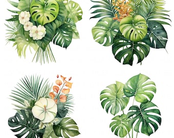 May include: Four watercolor illustrations of tropical foliage arrangements. The first arrangement features green monstera leaves, palm fronds, and white flowers. The second arrangement features green monstera leaves, palm fronds, and orange flowers. The third arrangement features green monstera leaves, palm fronds, and white flowers. The fourth arrangement features green monstera leaves.