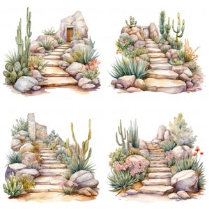 Könnte beinhalten: Vier Aquarell-Illustrationen von Steintreppen, die zu einem kleinen Steinhaus mit einer Tür führen. Jede Illustration zeigt verschiedene Wüstenpflanzen, darunter Kakteen, Sukkulenten und Agaven.