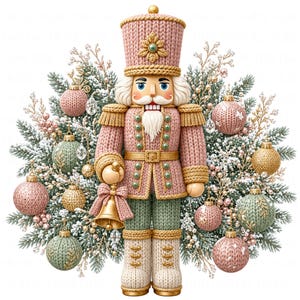 May include: A nutcracker figure with a pink knit-textured uniform, gold trim, and a white beard, holding a gold bell. It is surrounded by a wreath of frosted pine branches, pink and green knit-textured ornaments, and gold accents.
