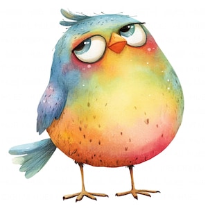 16 Clipart oiseau lunatique mignon aquarelle art oiseau drôle imprimable haute qualité JPG pour journal indésirable papier artisanat Scrapbooking cartes de pépinière bricolage