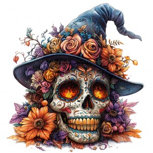 13 tête de mort floral en sucre avec chapeau de sorcière Clipart aquarelle tête de mort sombrero haute qualité JPEG imprimable pour scrapbooking, carnets indésirables, travaux manuels en papier
