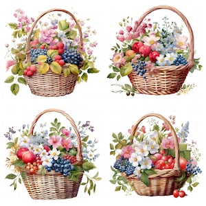 Lot de 19 cliparts floraux en osier, aquarelle de fruits, panier en osier haute qualité imprimable JPEG pour scrapbooking, journal indésirable, artisanat en papier, bricolage