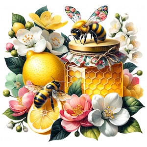 May include: A vibrant illustration featuring a jar of honey, a whole lemon, and a lemon slice, surrounded by flowers and leaves. Two bees with floral patterned wings are present. The honey jar has a gold lid and a floral patterned fabric around the rim.