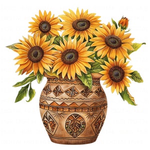 10 Girassol em Vaso de Barro Clipart Pacote Aquarela Vaso de Flores de Verão Imprimível JPEG de Alta Qualidade para Diário de Lixo Papel Artesanal Scrapbook DIY