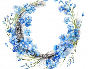 May include: A watercolor painting of a wreath made of blue forget-me-not flowers and silver metal accents.