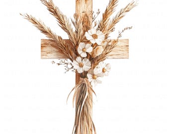 May include: A wooden cross decorated with a bouquet of dried white flowers and wheat stalks.