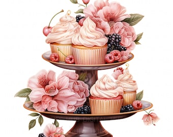 10 Cupcake in Stand Clipart Bundle Set 2 Cupcake Clipart Printable High Quality JPEG For Junk Journals Paper Crafts Scrapbook Wedding DIYs