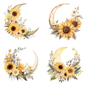 14 Clipart tournesol lune aquarelle floral lune chambre d'enfant chambre Art imprimable haute qualité JPEG pour carte de scrapbooking papier artisanat papier