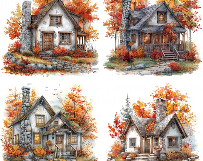 Fall Country House Watercolor Clipart Bundle, Transparent PNG ...