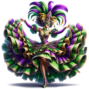 Könnte beinhalten: Eine Illustration einer Person in einem farbenfrohen Mardi-Gras-Kostüm. Das Kostüm hat einen mehrschichtigen Rock in Grün, Lila und Gold, mit passendem Federkopfschmuck und einer Maske. Die Figur posiert mit ausgestreckten Armen und präsentiert das aufwendige Design.