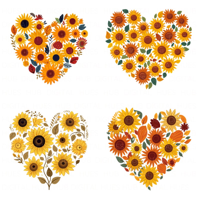 13 Sunflower Heart Clipart Bundle Watercolor Floral Heart Printable ...
