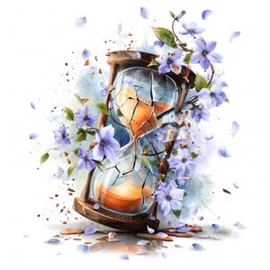 May include: A broken hourglass with sand spilling out, surrounded by delicate purple flowers. The hourglass is made of glass and has a wooden frame. The flowers are arranged around the hourglass, creating a sense of time passing.