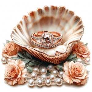 13 Anillos de compromiso florales, conchas marinas, clipart, acuarela, romántico, San Valentín, imprimible, alta calidad, JPEG, para álbumes de recortes, diarios basura, manualidades de papel