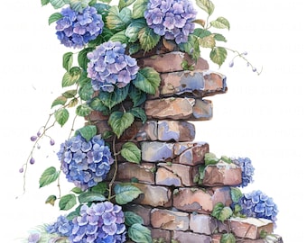 10 Hydrangea Brick Wall Clipart Aquarela Floral Jardim Parede Rústica Parede Imprimível JPEG de Alta Qualidade Para Diário de Lixo Scrapbook Papel Artesanal