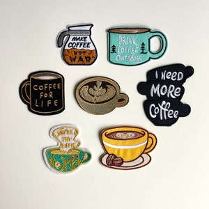 Popular Coffee Patches | 7 DESIGNS To Choose From | Embroidery Patch Iron on | Coffee, Cafe, Hot Drink | Patch Applique Jeans Bags Clothes