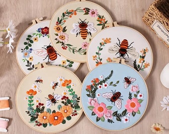 Honeybee And Flowers Pattern Beginner Embroidery Kit | Hand Vintage Stitch | Easy Bird Kit with Hoop | DIY Starter Craft Kit for Adults