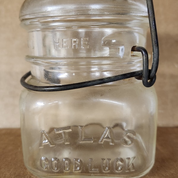 c1930s Atlas Good Luck Clear Half Pint Fruit Jar, Small size Country Primitive Canning Fruit Jar, wedding decor, Country Primitive Deco