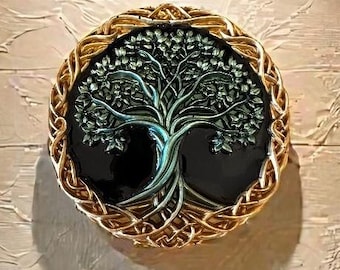 Árbol de la Vida de resina para pared: árbol verde oscuro con marco de ramas doradas. Arte espiritual para pared.