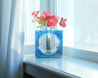 Jarrón cuadrado de resina con purpurina azul / Estación de propagación