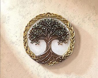 Árbol de la Vida de resina para pared: árbol verde oscuro con marco dorado en forma de rama. Arte espiritual para pared.