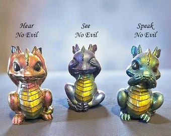 Dragones malvados "No escuches, veas ni hables" / Conjunto de figuras de resina iridiscente / Figura de fantasía