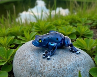 Rana de resina azul hecha a mano / Ojos de piedras preciosas / Decoración de jardín