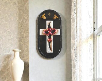 Decoración de pared con cruz negra y plateada / Arte espiritual ovalado de resina epoxi / Decoración para el hogar inspirada en la fe / Regalo religioso hecho a mano
