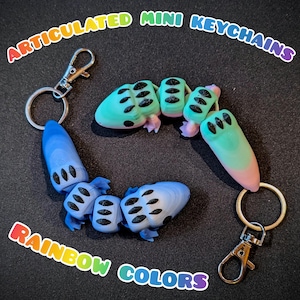 Op de afbeelding: Gearticuleerde mini-sleutelhangers in regenboogkleuren. De sleutelhangers hebben de vorm van een gesegmenteerd wezen met blauwe, groene en roze verlopen. Elk segment heeft zwarte stipdetails. De sleutelhangers zijn bevestigd aan zilveren sleutelringen en sluitingen.