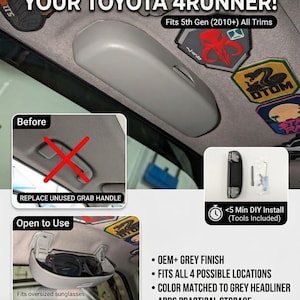 Puede incluir: Un soporte gris para gafas de techo para Toyota 4Runner de 5ª generación. El producto reemplaza un asidero, tiene un acabado gris estilo OEM e incluye herramientas. El texto incluye UPGRADE FOR YOUR TOYOTA 4RUNNER! y BTHORNEDESIGNS.COM.