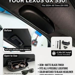 Puede incluir: Un estuche de almacenamiento negro mate para Lexus GX 550, diseñado para reemplazar una manija de agarre. El conjunto incluye herramientas y accesorios de instalación. El estuche tiene dimensiones internas de 6,35 cm por 19,05 cm por 3,81 cm.