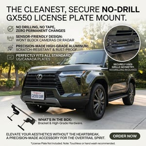 Puede incluir: Un soporte de matrícula de aluminio negro para Lexus GX550, con un diseño sin taladrar que se fija a la rejilla. El conjunto incluye un soporte y tornillería, diseñado para placas estándar sin obstruir los sensores del vehículo.