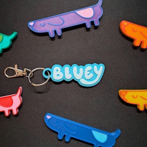 May include: A blue and white dog-shaped keyring with the name "BLUEY" written on it. The keyring is attached to a silver split ring and a silver lobster clasp.