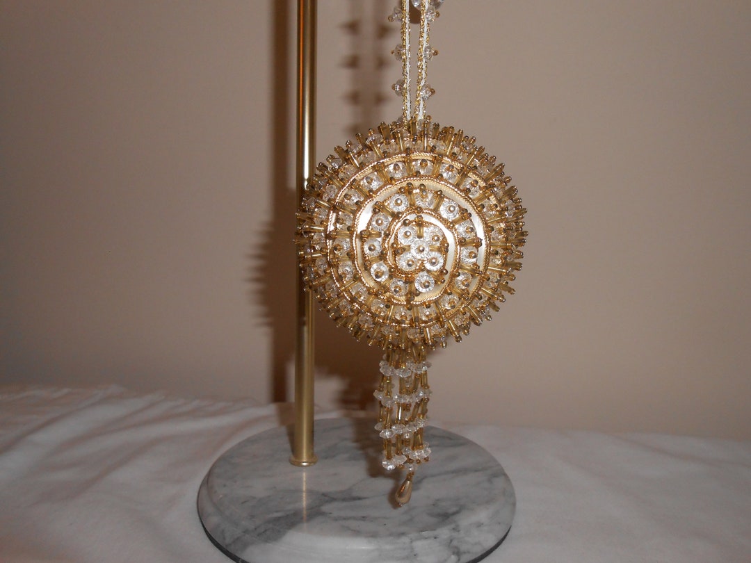 RETIRED Cracker Box WHIRLWIND Gold Beaded Push Pin Ornament Completed