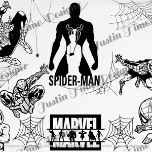 May include: Black and white illustrations of Spider-Man in various poses, including a silhouette, a classic pose, and a web-slinging pose. The illustrations are set against a background of spiderwebs. The text "SPIDER-MAN" is also included in the image.