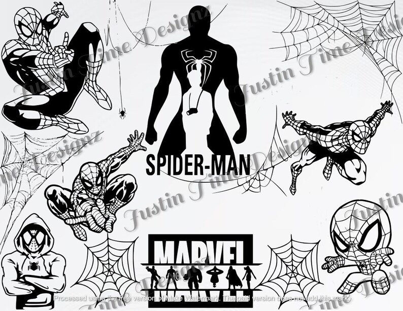 May include: Black and white illustrations of Spider-Man in various poses, including a silhouette, a classic pose, and a web-slinging pose. The illustrations are set against a background of spiderwebs. The text "SPIDER-MAN" is also included in the image.