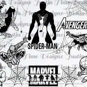 May include: Black and white silhouette images of Spider-Man in various poses, including a full-body silhouette with the text "SPIDER-MAN" below. The image also includes the text "THE AVENGERS" and "MARVEL" with a group of Marvel characters below.