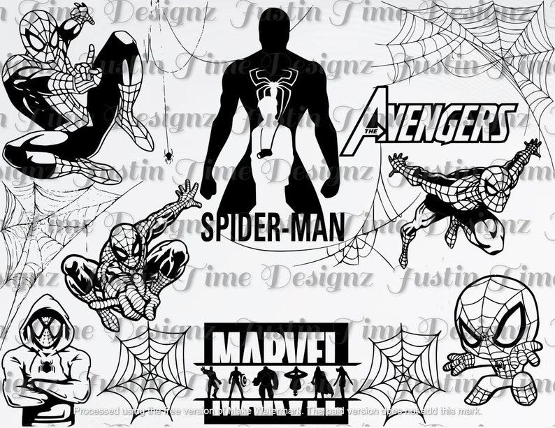 May include: Black and white silhouette images of Spider-Man in various poses, including a full-body silhouette with the text "SPIDER-MAN" below. The image also includes the text "THE AVENGERS" and "MARVEL" with a group of Marvel characters below.