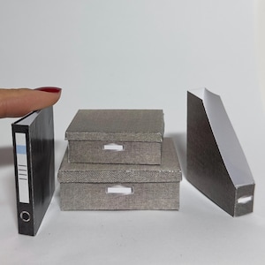 Cajas de almacenamiento pequeñas con tapa y plantilla para archivadores para casa de muñecas, imprimibles en miniatura a escala 1:6 (descarga digital)