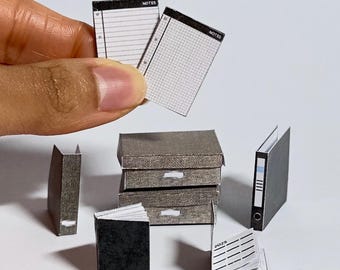 Printable 1:12 miniature office supplies for dollhouse tiny storage boxes, file holder, planner, notebook, pads template (digital download)