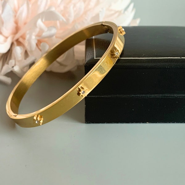 18k Gold Octagonal Star Created Diamond Bangle Bracelet, Gift For Her, Gift For Mom, Gold Bangle Bracelet, Anniversary Gift with Gift Box