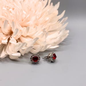 Könnte beinhalten: Silberne Ohrstecker mit einem roten Edelstein in der Mitte, umgeben von kleineren, klaren Steinen. Die Ohrringe sind vor einer hellrosa Blume und einem grauen Hintergrund platziert.