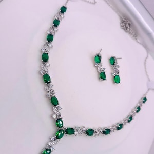 White Gold Finish Green Emerald Infinity Y-Shape Necklace & Dangle Earrings Set |  Bridal Set - Gift for Her | Free Gift Box