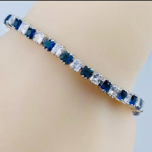 Sterling Silver Tennis Bracelet: Princess Cut Blue Sapphires, Dainty Gemstone Jewelry