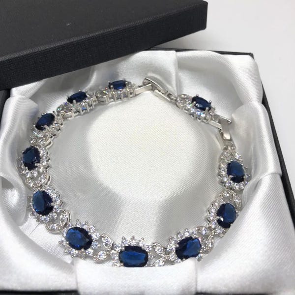 Blue Sapphire Bracelet White Gold Finish, Oval Cut Created Diamond Tennis Bracelet, September Birthstone Gift for Her, Anniversary Gift