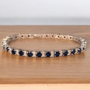 Handmade Blue Sapphire Tennis Bracelet | White Gold Plated Dainty Bracelet | Eternity Design Bracelet | Gift For Her | Anniversary Presents