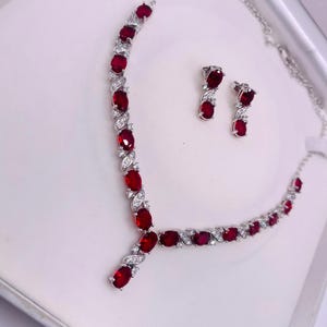 925 Silver Red Ruby Y-Shape Necklace & Dangle Earrings Set | Bridesmaid Jewellery | Gift For Bride | Free Gift Box Included